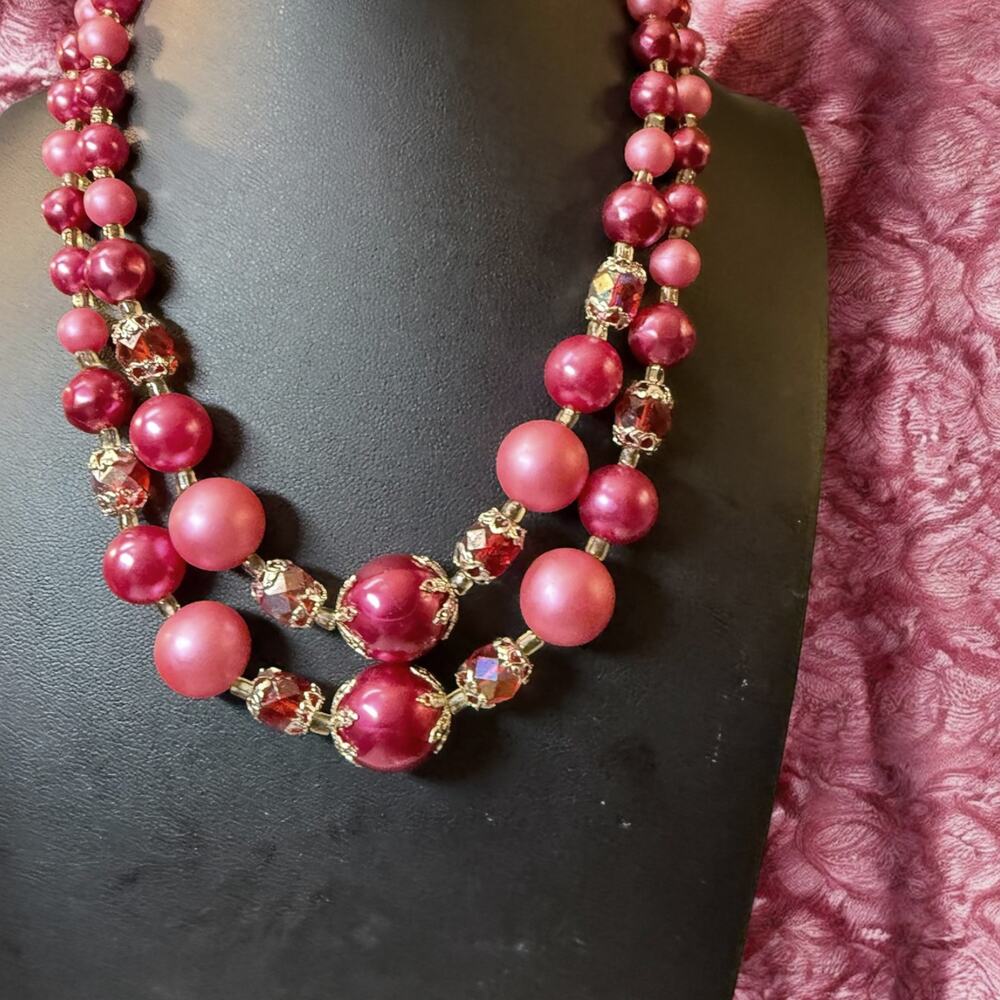 Vintage Japan Signed Pink and Orange Beads with Filigree Caps Double Strand